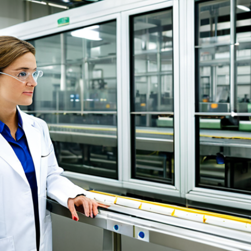 A professional female quality manager in a clean, modest lab coat over a professional dress, standing confidently on a brightly lit production line in a modern agri-food processing facility. She is observing automated machinery carefully, ensuring strict adherence to food safety standards. The background features gleaming stainless steel equipment and neatly packaged products, emphasizing a high-tech environment. The scene reflects a focus on impeccable quality control and traceability. safe for work, appropriate content, fully clothed, professional, perfect anatomy, correct proportions, natural pose, well-formed hands, proper finger count, natural body proportions, professional photography, high quality.