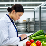 **

"A food safety inspector, fully clothed in a professional lab coat, inspecting produce in a modern, well-lit food processing facility. The inspector is taking notes with a tablet, observing hygiene standards. Safe for work, appropriate content, perfect anatomy, natural proportions, professional environment, modest attire, high quality."

**
