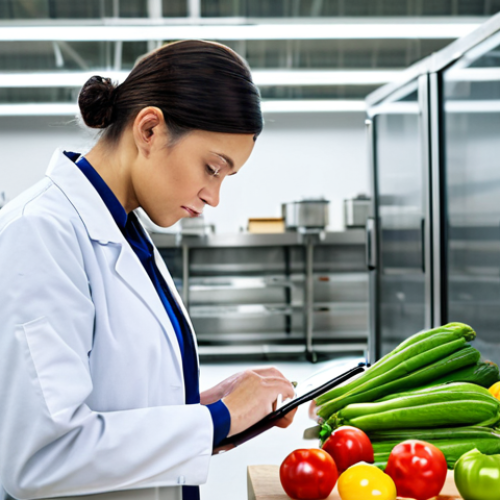 **

"A food safety inspector, fully clothed in a professional lab coat, inspecting produce in a modern, well-lit food processing facility. The inspector is taking notes with a tablet, observing hygiene standards. Safe for work, appropriate content, perfect anatomy, natural proportions, professional environment, modest attire, high quality."

**