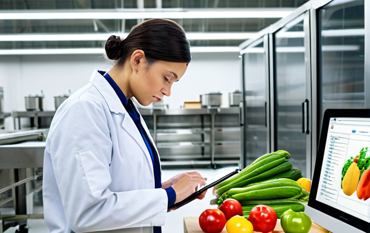 **
"A food safety inspector, fully clothed in a professional lab coat, inspecting produce in a modern, well-lit food processing facility. The inspector is taking notes with a tablet, observing hygiene standards. Safe for work, appropriate content, perfect anatomy, natural proportions, professional environment, modest attire, high quality."
**