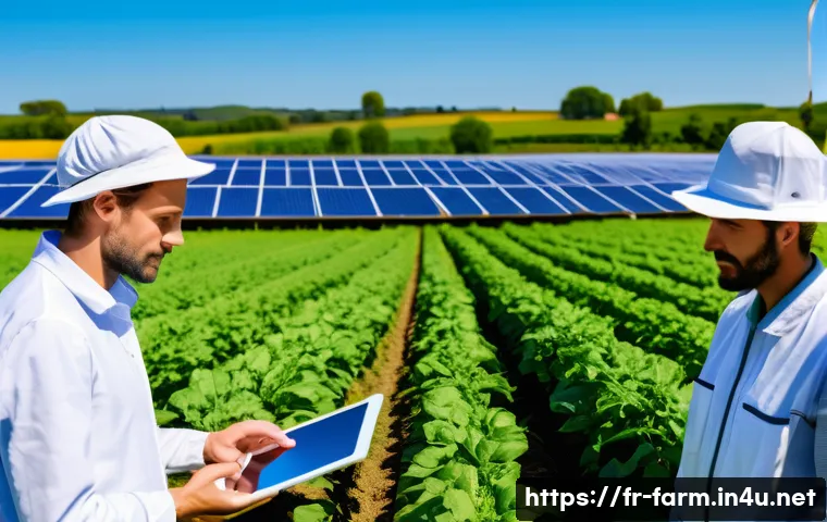 농산물품질관리사 자격증의 중요성 - A modern French agricultural field with a diverse group of professional farmers and quality control ...