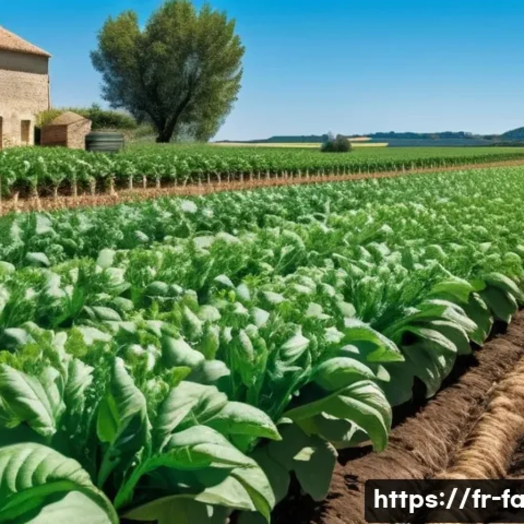 농산물품질관리사 전문성 강화 방법 - A detailed scene of a modern organic farm in France during harvest season, showing lush green crops ...