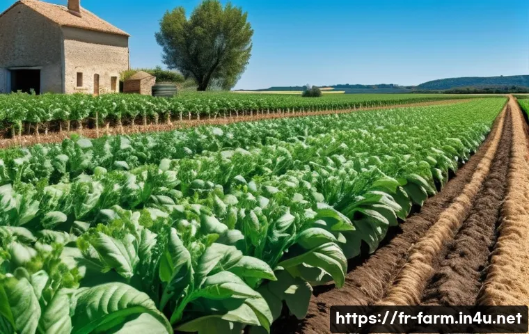 농산물품질관리사 전문성 강화 방법 - A detailed scene of a modern organic farm in France during harvest season, showing lush green crops ...